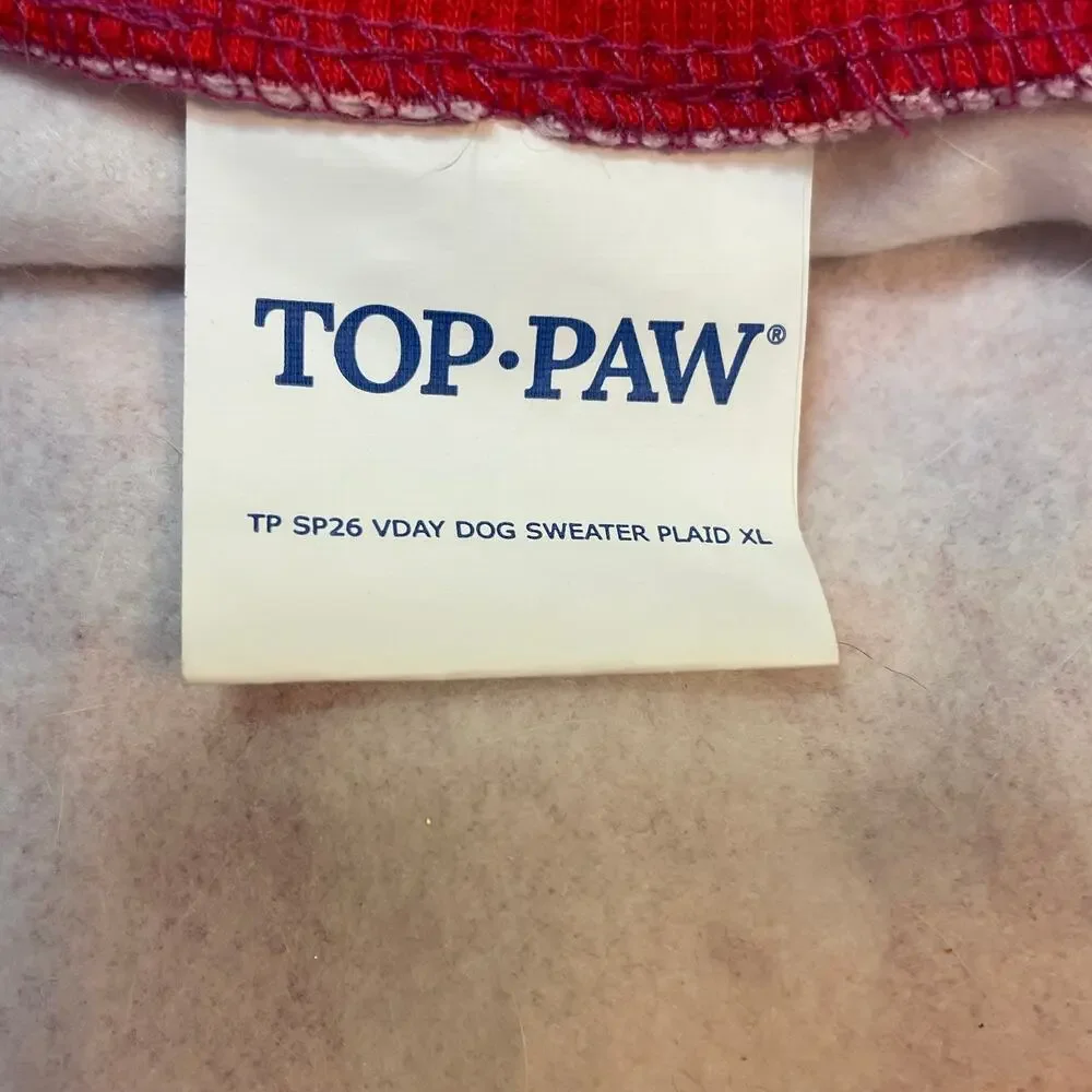 Top Paw XL Dog Sweater Valentine's Day Red White Plaid Warm Fleece Pullover